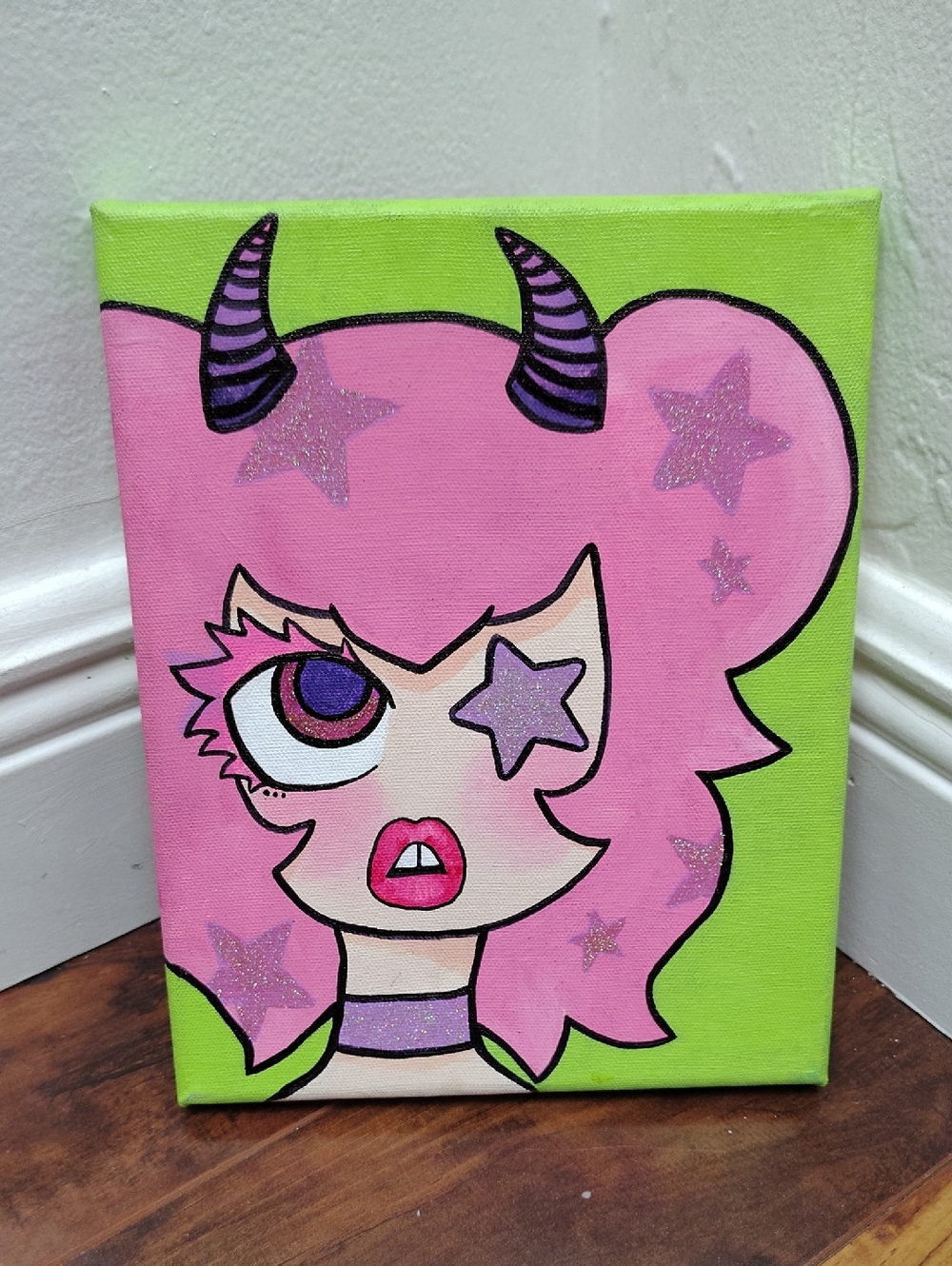 Cute Whimsical Girl Hand Painte Canvas Pink Horned Cartoon Portrait on Green